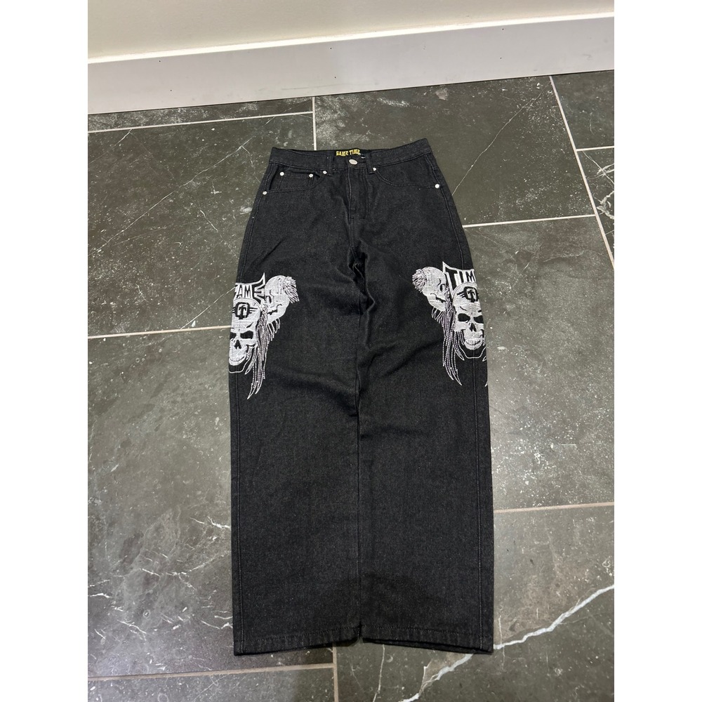 Game Time Mens Y2K Skull Embroidered Baggy Jeans Dark Wash 30x30 Streetwear